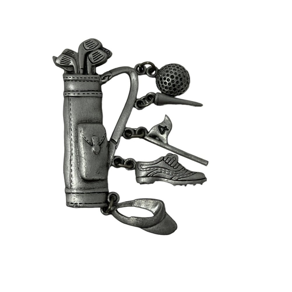 JJ Golf Bag Charms‎ Brooch Hat Ball Signed Silver Tone Pewter Vintage Pin